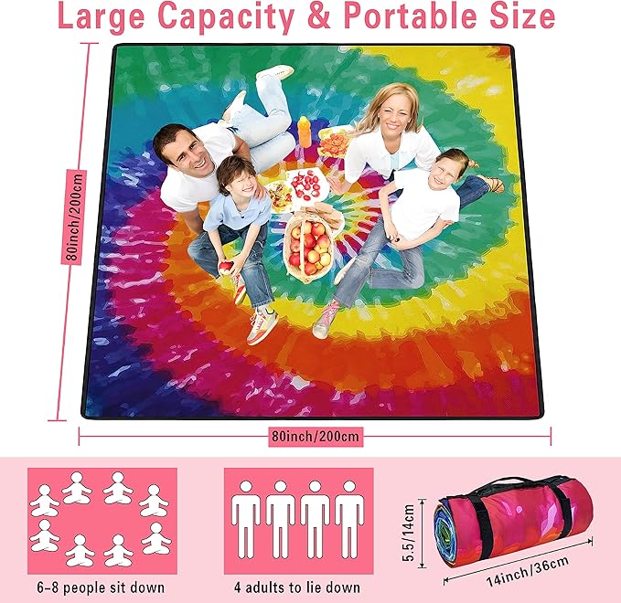 Extra Large Picnic Blankets Waterproof Foldable (80 "x 80") Beach Blanket Waterproof Sandproof,3-Layer Thicking Mat Outdoor Packable Camping Blanket(tie-dye)