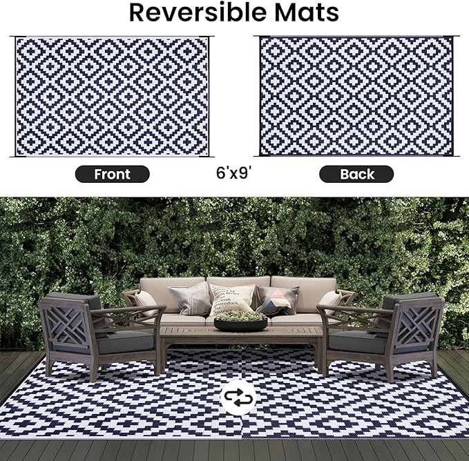 Smiry Waterproof Outdoor Rug 6x9 ft, Reversible Plastic Straw Patio Camping Rugs, Outdoor Indoor RV Mat Carpet for Patio, Outside Entry, Backyard, Deck, Bench, Picnic, Camper, White & Navy