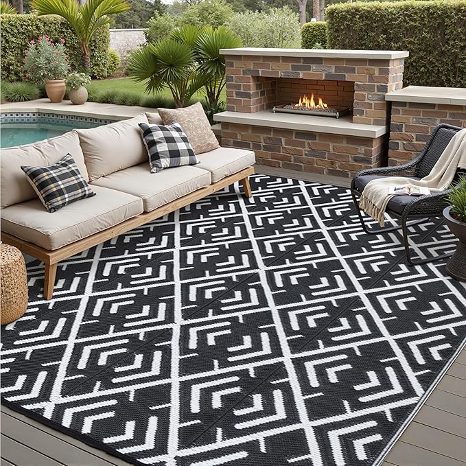 RV Outdoor Rug Waterproof Mat Outdoor Rugs 8'x10' for Patios Clearance Carpet Outdoor Camping Rugs Large Plastic Straw Rug(8x10ft Geometric Black&White)
