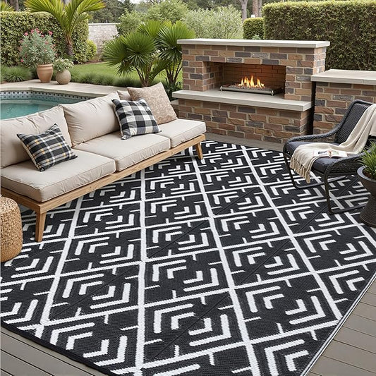 RV Outdoor Rug Waterproof Mat Outdoor Rugs 9'x12' for Patios Clearance Carpet Outdoor Camping Rugs Large Plastic Straw Rug(9x12ft Geometric Black&White)