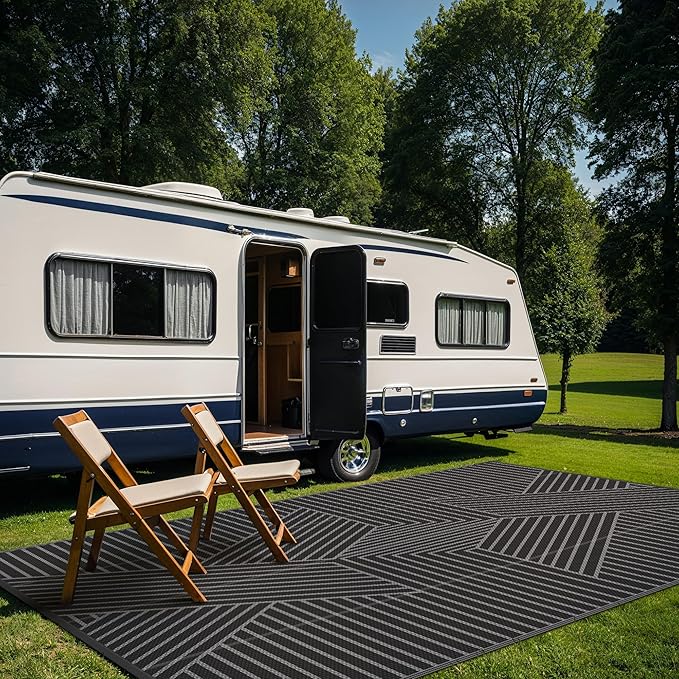 GENIMO Outdoor Rug 8'x10' for Patio Waterproof Clearance, Reversible Outdoor Plastic Straw Rug, Lightweight Carpet Camping Mat for Rv, Camper, Picnic, Balcony, Backyard, Deck, Porch, Black & Gray