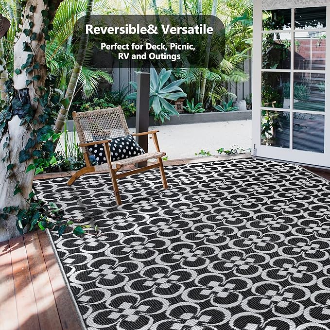 RV Outdoor Rug Waterproof Mat Outdoor Rugs 9'x12' for Patios Clearance Carpet Outdoor Camping Rugs Large Plastic Straw Rug(9x12ft Clover Black&White)