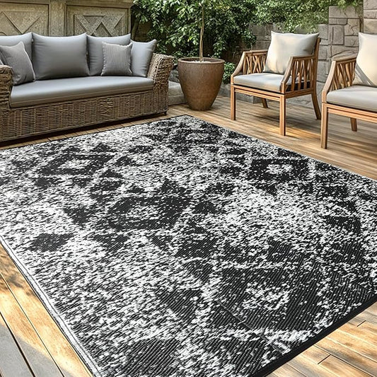Waterproof Outdoor Rug 6x9 ft, Reversible Plastic Straw Rug, Easy to Clean Patio Rug, Portable Carpet for Patio, RV, Deck, Balcony, Backyard, Picnic, Beach, Mosaic, Gray