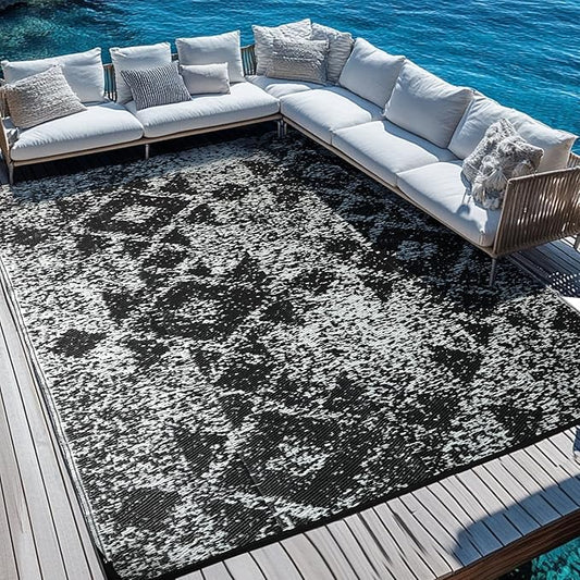 Waterproof Outdoor Rug 9x18 ft, Reversible Plastic Straw Rug, Easy to Clean Patio Rug, Portable Carpet for Patio, RV, Deck, Balcony, Backyard, Picnic, Beach, Mosaic, Gray