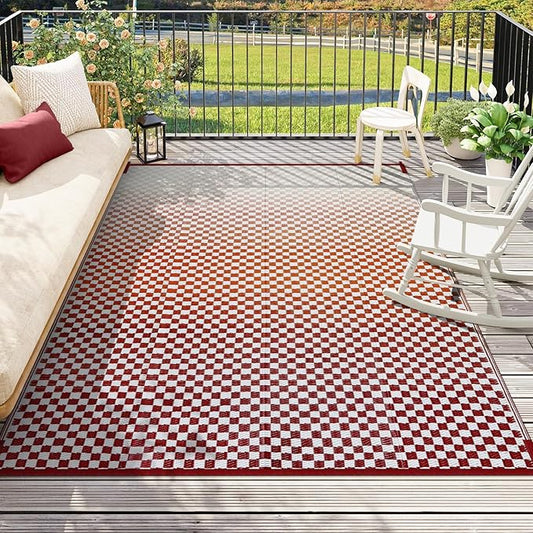 Wonnitar Waterproof 8x10 Outdoor Rug - Orange Red Ombre Checkered Patio Rug, Large Reversible Outside Mat for RV Deck Balcony, Lightweight Colorful Outdoor Camping Carpet