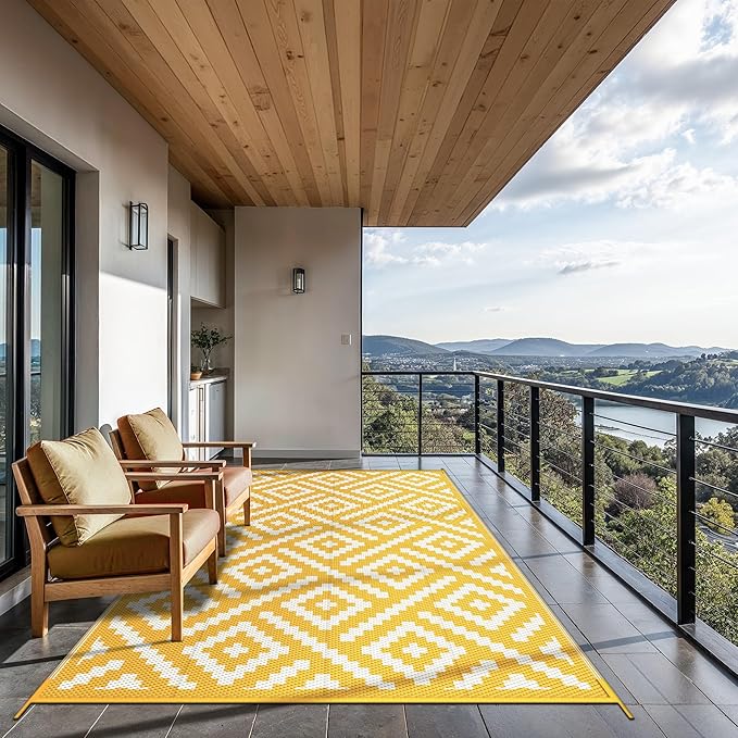 GENIMO Outdoor Rug for Patio Clearance, 6'x9' Reversible Plastic Straw Rugs, Lightweight Waterproof RV Camping Mat for Camper, Balcony, Deck, Backyard, Picnic, Yellow & Beigewhite