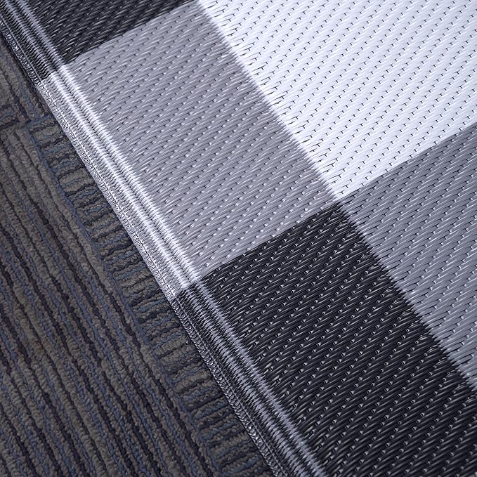 RURALITY Outdoor Rugs 8x10 Waterproof for Patios Clearance,Plastic Straw Mats for Backyard,Porch,Deck,Balcony,Reversible,Black&White&Grey