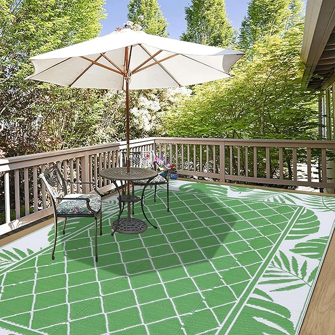 Ileading Outdoor Rug Carpet for Patio 6' x9' Waterproof Reversible Plastic Straw Rug Portable Outside Area Rug Camping Mat for Patio, Clearance, Balcony, Picnic, Pool, Beach, RV, Deck, Leaf Green