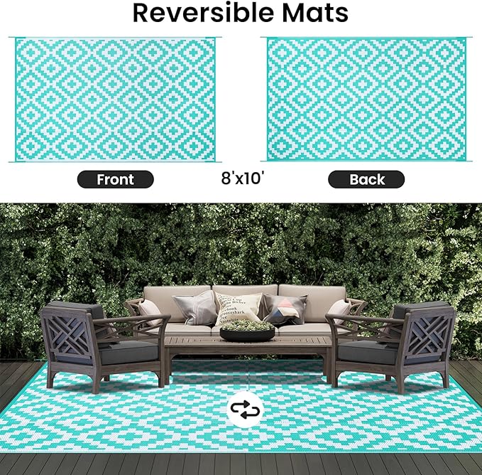 Smiry Waterproof Outdoor Rug 8x10 ft, Reversible Plastic Straw Patio Camping Rugs, Outdoor Indoor RV Mat Carpet for Patio, Outside Entry, Backyard, Deck, Bench, Picnic, Camper, White & Teal