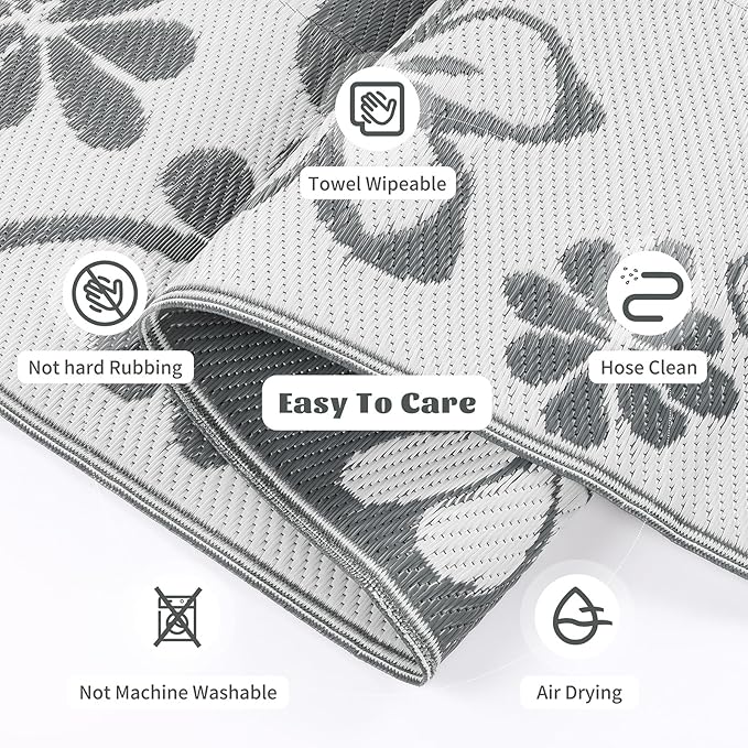 Ileading Round Outdoor Plastic Straw Rug 6ft Funny Floral Style Reversible Patio Area Rugs Waterproof Non Shedding Portable Carpets for Rv Outside Deck Pool Beach Picnic Camping (Grey)