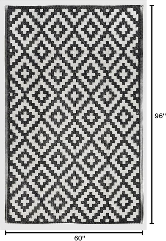 FH Home Outdoor Camping Rug - Waterproof, Fade Resistant, Reversible - Premium Recycled Plastic - Geometric - Patio, Deck, Sunroom, RV - Aztec - Black & White - 5 x 8 ft Foldable