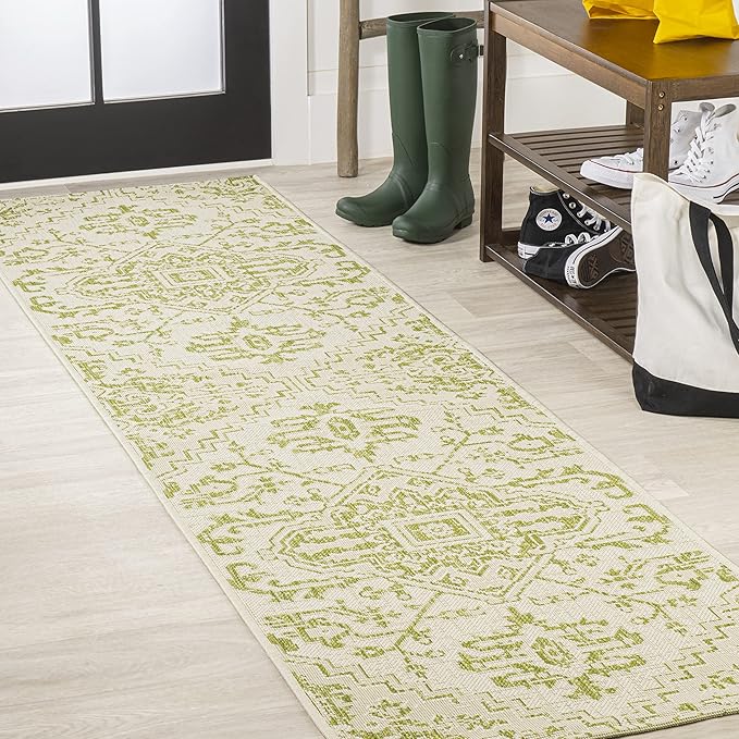 JONATHAN Y SMB105E-28 Estrella Bohemian Medallion Textured Weave Indoor Outdoor Runner Rug, Coastal Traditional Easy-Cleaning,Bedroom,Kitchen,Backyard,Patio,Non Shedding 2 X 8, Cream/Green