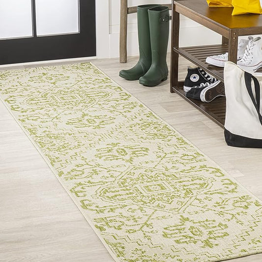 JONATHAN Y SMB105E-28 Estrella Bohemian Medallion Textured Weave Indoor Outdoor Runner Rug, Coastal Traditional Easy-Cleaning,Bedroom,Kitchen,Backyard,Patio,Non Shedding 2 X 8, Cream/Green
