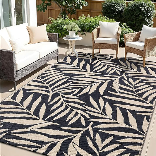 OLANLY Waterproof Outdoor Rug 5x8 ft, Reversible Outdoor Plastic Straw Rug with Leaf Pattern, RV Mat, Indoor Outdoor Carpet for Patio, Camping, Balcony, Deck, Backyard, Black & Beige