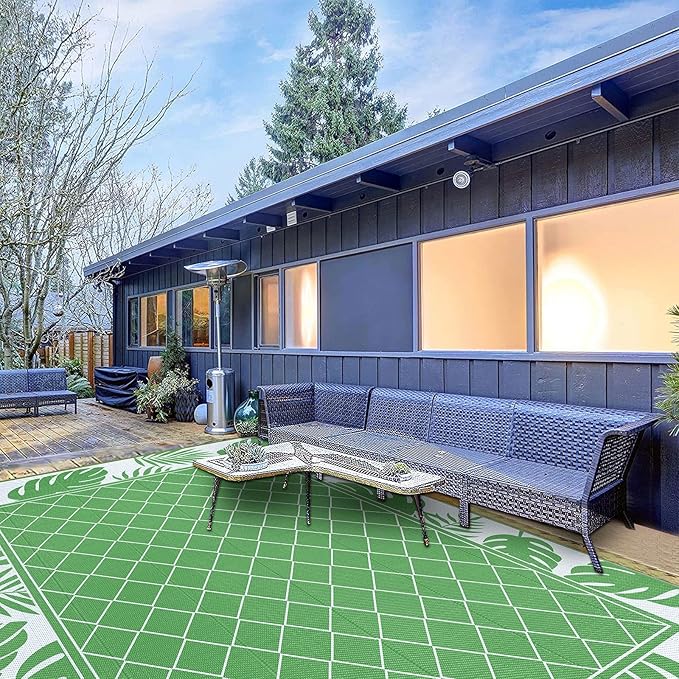 Ileading Outdoor Rug Carpet for Patio 9'x12' Waterproof Reversible Plastic Straw Rug Portable Outside Area Rug Camping Mat for Patio, Clearance, Balcony, Picnic, Pool, Beach, RV, Deck, Green