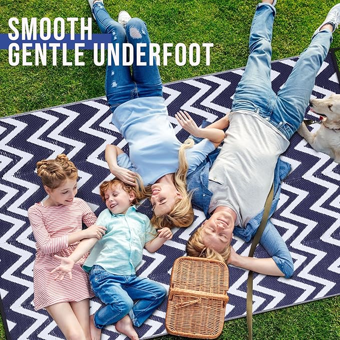 OLANLY Waterproof Outdoor Rug 6x9 ft Clearance, Reversible Outdoor Plastic Straw Rug, RV Mat, Indoor Outdoor Carpet for Patio, Camping, Balcony, Deck, Backyard, Navy & White