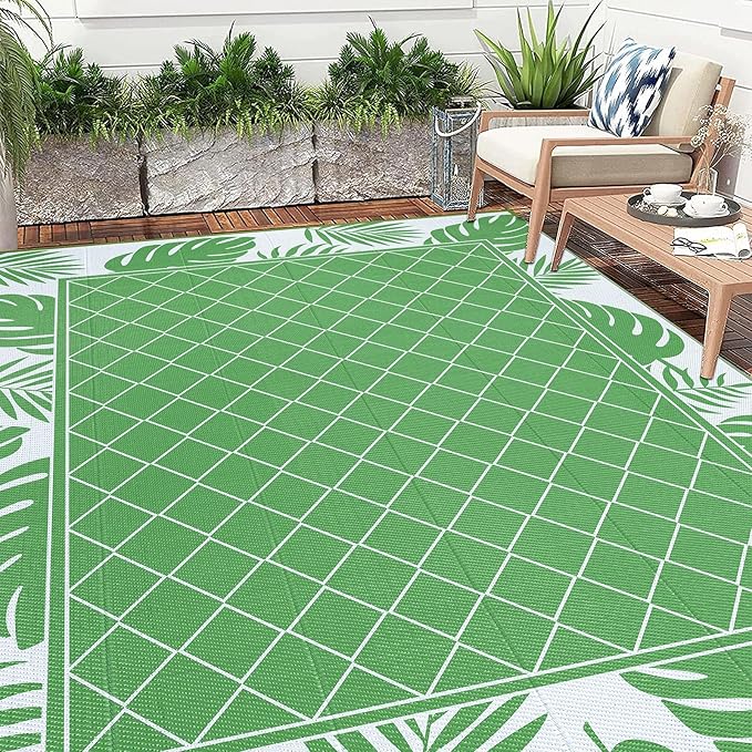 Ileading Outdoor Rug Carpet for Patio 9'x12' Waterproof Reversible Plastic Straw Rug Portable Outside Area Rug Camping Mat for Patio, Clearance, Balcony, Picnic, Pool, Beach, RV, Deck, Green