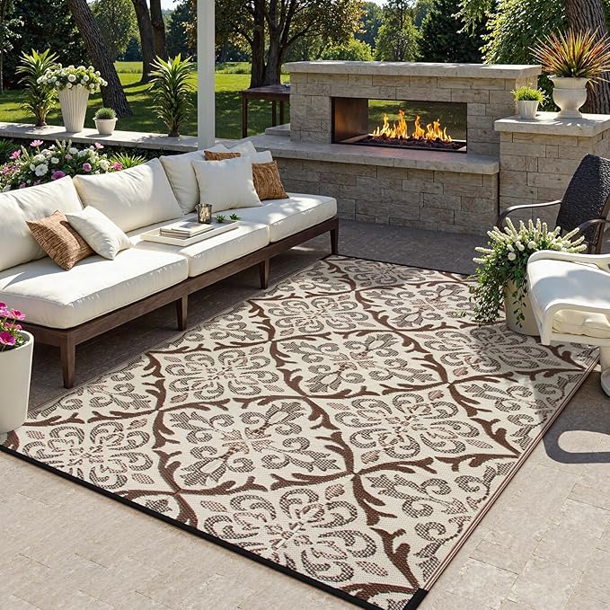 Lahome 6x9 Outdoor Rugs for Patios Waterproof, Plastic Straw Portable Reversible Rv Rug, Porch Floor Camping Carpet for Balcony Tent, Khaki 6'x9'