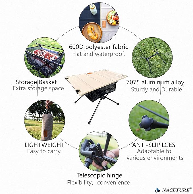 NACETURE Camping Table with Folding Legs and Mesh Storage Basket for Food, Coffee, or Camp Grill Accessories, Lightweight and Portable for Outdoor, Backpacking, Hiking, and Travel