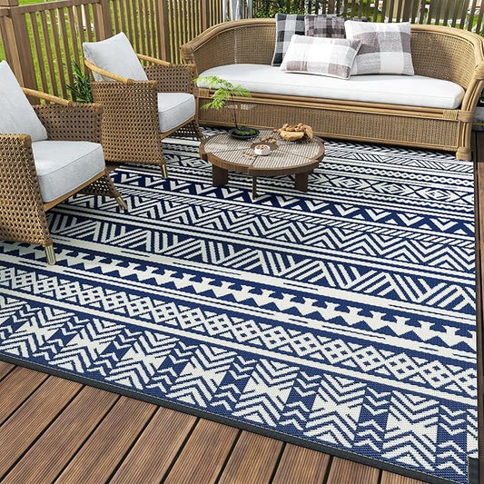 MontVoo-Outdoor Rug Carpet Waterproof 5x8 ft Reversible Patio Rug RV Camping Rug-Plastic Straw Rug Outside Indoor Outdoor Area Rug for Patio Deck Balcony Picnic Beach Outdoor Decor Boho Navy Blue