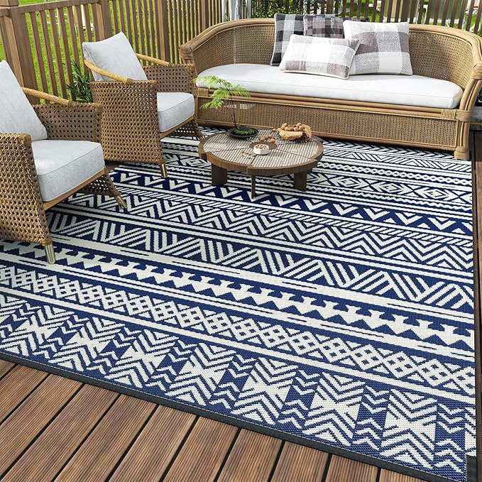 MontVoo Outdoor Rug 8x10 Waterproof Outdoor Patio Rug Mat Reverisble Plastic Straw Outdoor Rug for RV Camping Picnic Beach Balcony Boho Navy Blue
