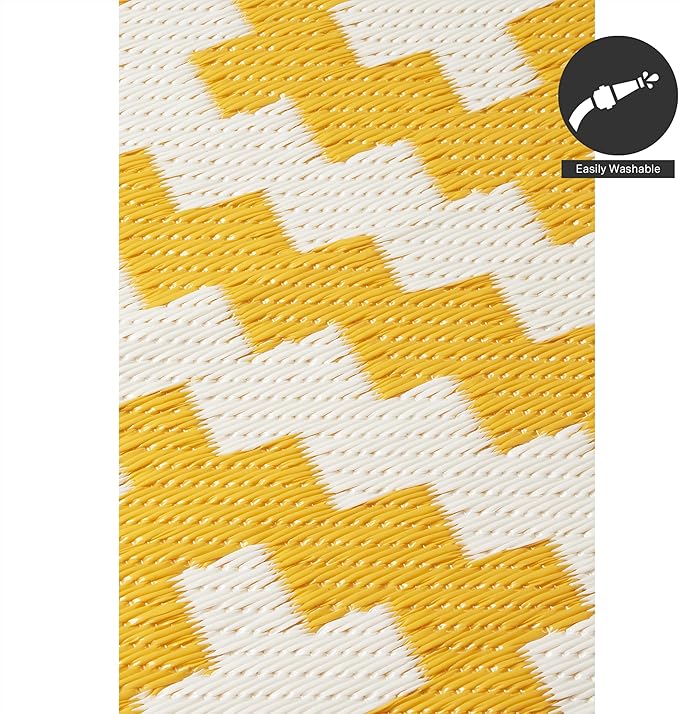 FH Home Outdoor Camping Rug - Waterproof, Fade Resistant, Reversible - Premium Recycled Plastic - Geometric - Large Patio, Deck, Sunroom, RV - Aztec - Yellow & White - 9 x 18 ft Foldable