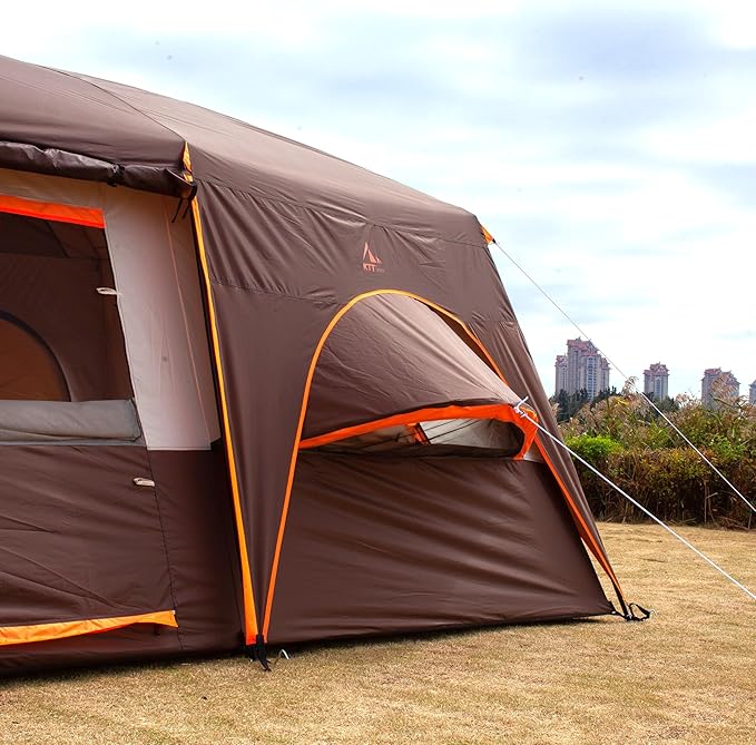 KTT Extra Large Tent 12 Person,2 Bay-Windows,Family Cabin Tents,14'Lx10'Wx6.58'H,2 Rooms and 3 Doors 3 Windows with Mesh,Waterproof,Straight Wall,Big Tent for Outdoor,Picnic,Camping,Gathering