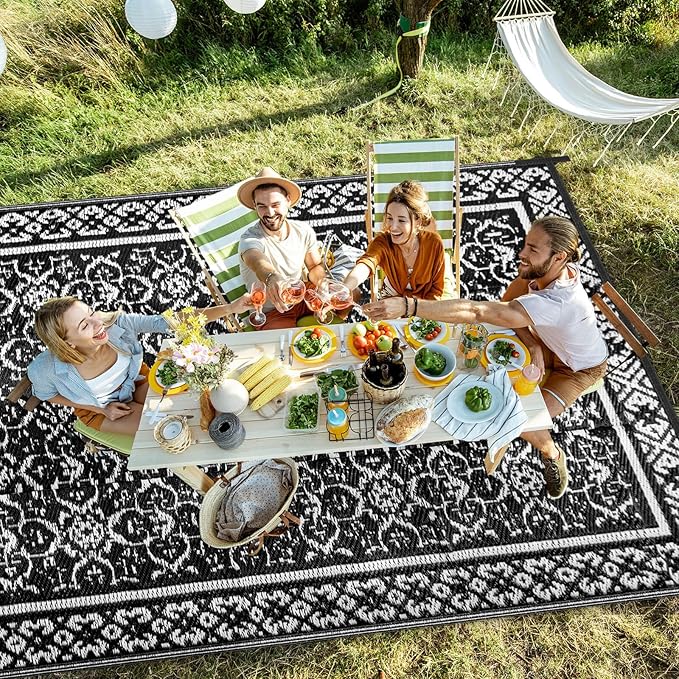 Outdoor Patio Plastic Straw Rug - 5'x8' Outdoor Camping Rug Waterproof Reversible, Area Carpet Patios Clearance RV, Outside Porch Balcony Deck for Camper, Classic Black & White