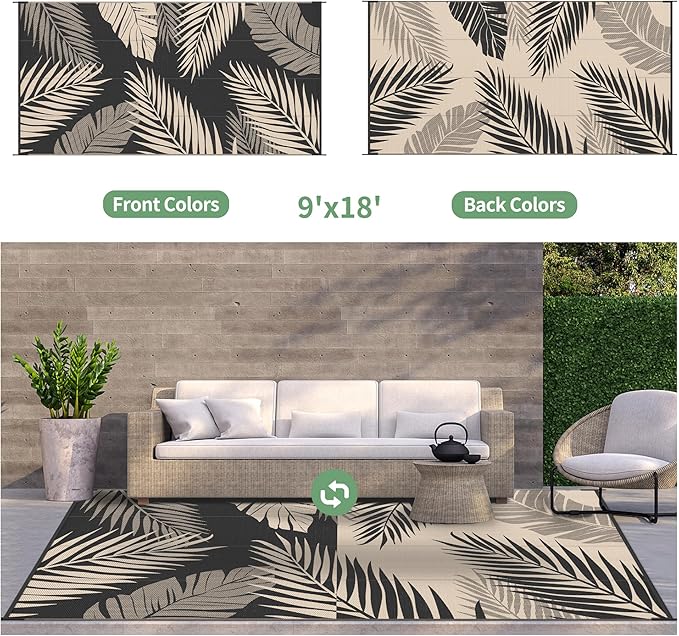GENIMO Outdoor Rug 9' x 18' Waterproof for Patios Clearance, Reversible Outdoor Plastic Straw Camping Rug Carpet, Large Area Rugs Mats for RV, Camper, Deck, Balcony, Porch, Beach, Picnic, Black&Beige