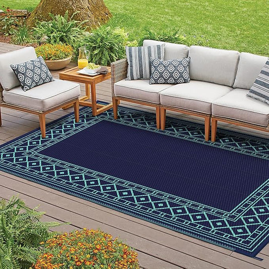 GENIMO Outdoor Rug Waterproof 6'x9' for Patio, Foldable Reversible Plastic Straw Carpet, Outside Area Mat for Patios, Rv, Deck, Picnic, Porch, Camper, Balcony, Beach, Navy Blue & Jade Green