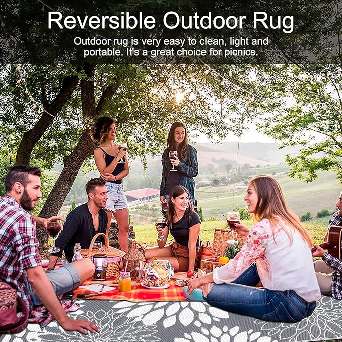 Ileading Reversible Outdoor Rug 5x8Ft Waterproof Patio Rug Carpet Portable Outdoor Plastic Straw Rug Large RV Camping Mat Rug for Patio, Clearance, Deck, Beach, Porch, Camping, Picnic, Flower Grey