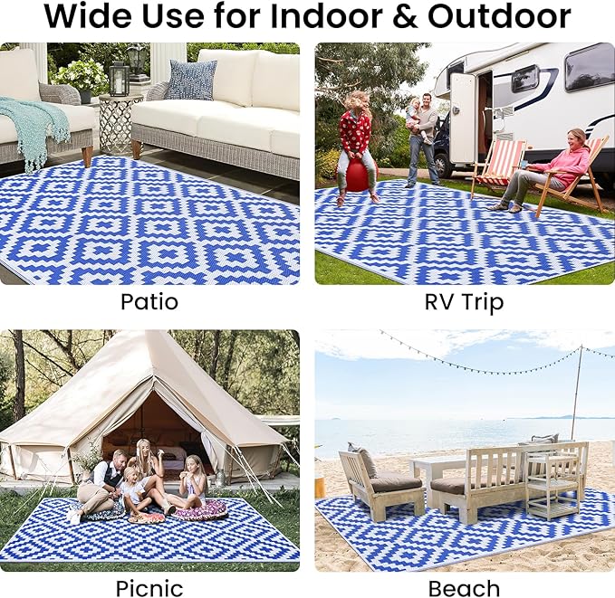 Smiry Waterproof Outdoor Rug 5x8 ft, Reversible Plastic Straw Patio Camping Rugs, Outdoor Indoor RV Mat Carpet for Patio, Outside Entry, Backyard, Deck, Bench, Picnic, Camper, White & Blue
