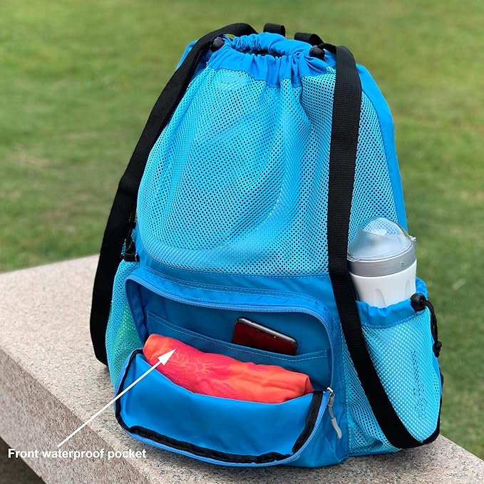 ButterFox Large Swimming Equipment Mesh Bag With Separated Waterproof Dry Compartment, Dry and Wet Separated (Light Blue)