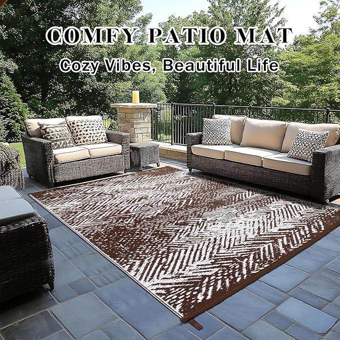 Outdoor Patio Rugs 4x6, Waterproof Reversible Outdoor Plastic Straw Rug Brown, RV Camping Mats UV-Resistant Outside Carpet Portable Area Mat for Garden Balcony Deck Picnic Beach Porch
