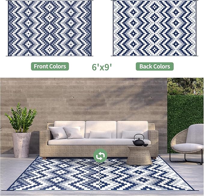 GENIMO Outdoor Rug Waterproof 6x9 ft, Lightweight Plastic Straw Rugs, Outside Reversible Area Mat Carpet for Patio, Camping, RV, Deck, Balcony, Porch, Backyard, Blue & White