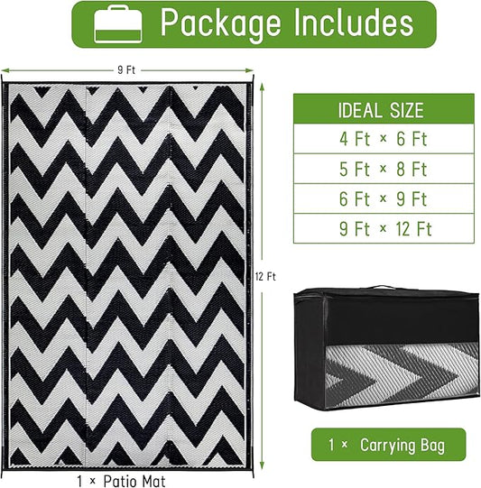 Easy-Going Reversible Outdoor Rugs 9x12ft Waterproof Plastic Straw Rug Stain & UV Resistant Floor Mat for Patio Porch RV Backyard Pool Deck Picnic Beach Trailer Camping (Waved Black & Light Grey)