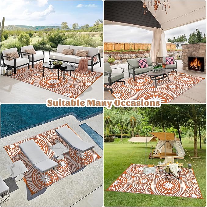 Ileading Outdoor Plastic Straw Rug 6x9ft Modern Geometric Style Reversible Patio Area Rugs Waterproof Non Shedding Portable Carpets for Rv Outside Deck Pool Beach Picnic Camping (Orange)