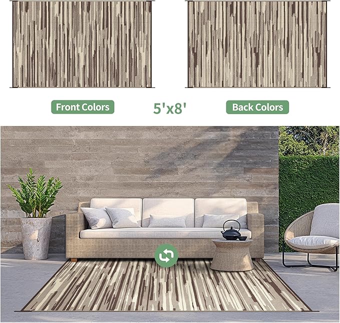 GENIMO Outdoor Rug for Patio Clearance, 5'x8' Waterproof Camping Mat, Reversible Plastic Straw Rugs for RV, Camper, Balcony, Backyard, Picnic, Deck (Coffee Beige)