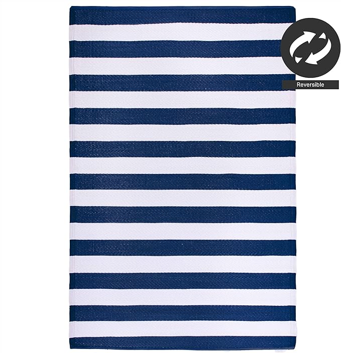 FH Home Outdoor Rug - Waterproof, Fade Resistant, Reversible - Premium Recycled Plastic - Striped - Large Patio, Deck, Sunroom, Camping, RV - Brittany Stripe - Blue & White Crease Free - 5 x 8 ft