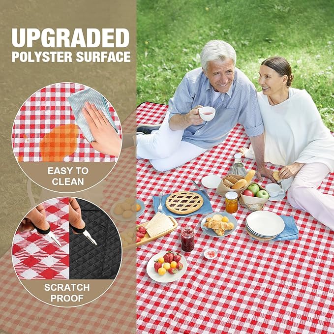 G GOOD GAIN Picnic Blankets Outdoor Extra Large - 80"x80" Portable Waterproof Picnic Blanket, Machine Washable 3-Layer Foldable Park Mat with Sandproof Backing for Grass, Hiking, Travel (Red)