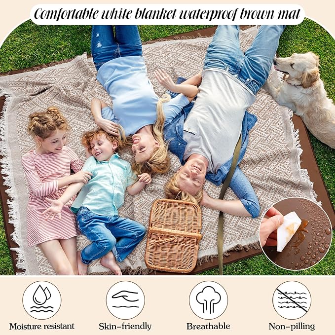 Waterproof Picnic Blankets Outdoor Blanket Foldable 2 in 1 Double Layer Sandproof Beach Mat with Carry Strap for Camping Lawn Park Beach Grass(Khaki,71 x 71 Inches)