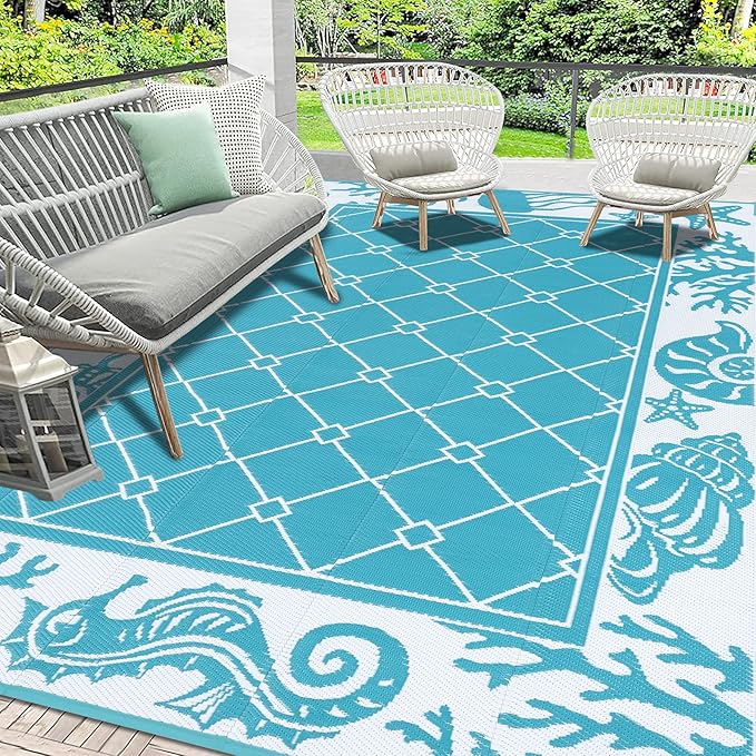 Vaukki Reversible Rugs, Plastic Straw Outdoor Doormat, Fade Resistant Plastic Outdoor Patio Mat, Lightweight Ocean Area Carpet for Patio, RV, Camping, Beach, Deck, Backyard and Picnic (Teal, 6'x9')