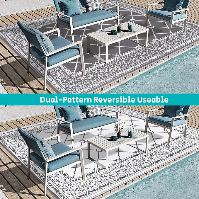 HEBE Outdoor Rug 9'x12' for Patios Waterproof Clearance Reversible Patio Mat Plastic Straw Rug RV Camping Mat Outside Area Rug Carpet for Camping RV,Porch,Deck,Balcony,Camper,Backyard