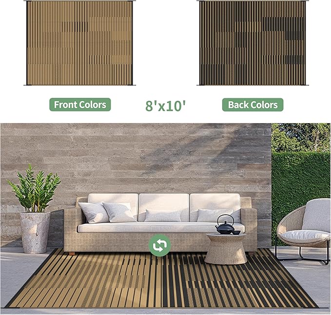 GENIMO Outdoor Rug for Patio Clearance, 8'x10' Waterproof Camping Mat, Reversible Plastic Straw Rugs for RV, Camper, Balcony, Backyard, Picnic, Deck (Black Brown)