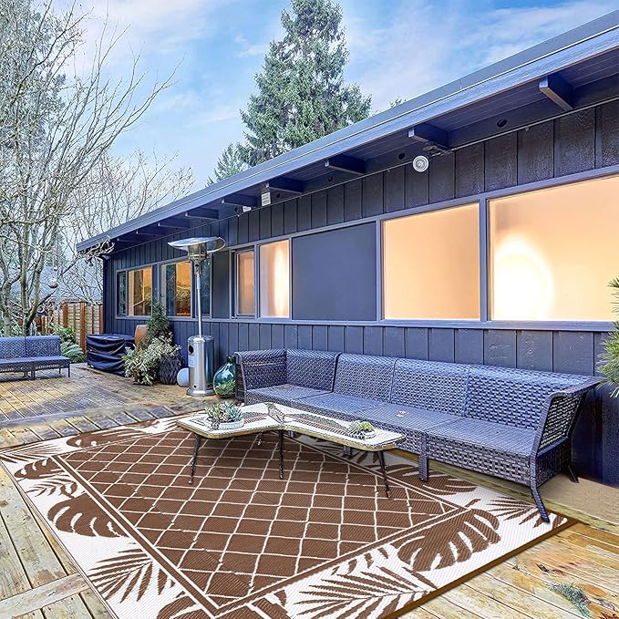 Ileading Outdoor Rug Carpet for Patio 5' x7' Waterproof Reversible Plastic Straw Rug Portable Outside Area Rug Camping Mat for Patio, Clearance, Balcony, Picnic, Pool, Beach, RV, Deck, Leaf Brown