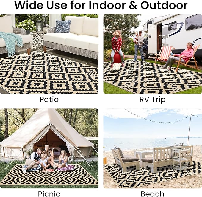 Smiry Waterproof Outdoor Rug 5x8 ft, Reversible Plastic Straw Patio Camping Rugs, Outdoor Indoor RV Mat Carpet for Patio, Outside Entry, Backyard, Deck, Bench, Picnic, Camper, Black & Beige