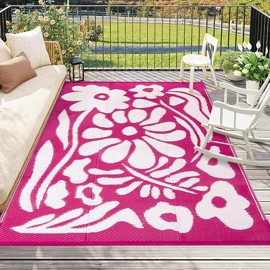 Wonnitar Outdoor Rug 6x9, Waterproof RV Outdoor Rugs for Camping, Reversible Plastic Straw Outside Camping Rug Large Portable Abstract Floral Picnic Mat for Camper Garden Beach Camp (Pink, 6'x9')