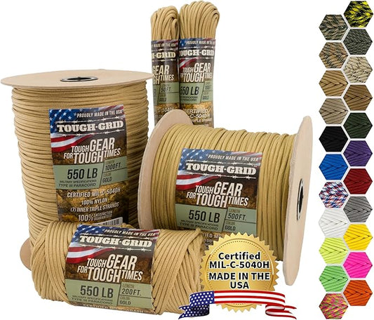 TOUGH-GRID Premium Gold Paracord 550 lbs Made in USA Outdoor Survival Nylon Rope Tactical Heavy Duty Strands Parachute Cord Used by US Military Type III Mil-Spec