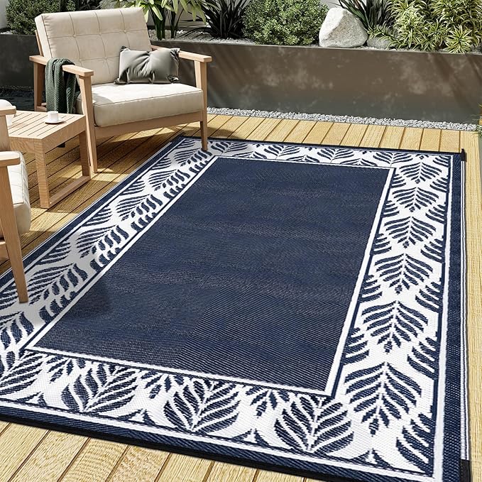 Outdoor Plastic Straw Rug, Waterproof Mat, Washable Large Floor Mat and Rug for Outdoors, RV, Beach, Patio, Camping, Backyard, Deck, Picnic, Outside (6x9ft,Olive-Leaf/Dark Blue&White)