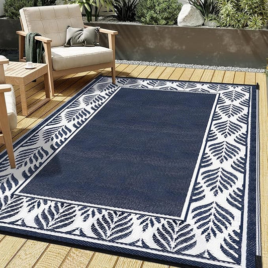 Outdoor Plastic Straw Rug, Waterproof Mat, Washable Large Floor Mat and Rug for Outdoors, RV, Beach, Patio, Camping, Backyard, Deck, Picnic, Outside (6x9ft,Olive-Leaf/Dark Blue&White)